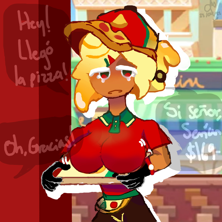 1girls anon big_breasts black_gloves cookie_run female female_only gloves green_eyes pizza pizza_box pizza_cookie red_shirt spanish_text yellow_hair