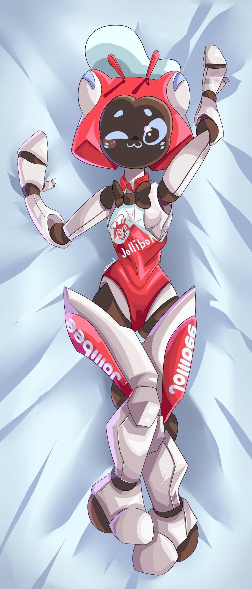 1girls 2022 2d antennae bed bedsheets bowtie dakimakura female female_only full_body gekopu gijinka hat humanoid jollibee jollibot kerfuś laying_on_bed lying lying_on_back lying_on_bed on_back on_bed robot robot_girl robot_humanoid screen_face shaded sideboob solo wink