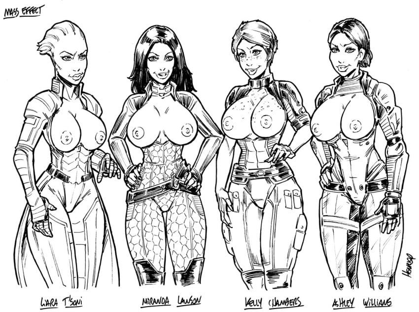 2d_(artwork) 4girls alien alien_girl asari ashley_williams big_breasts breasts breasts_out drawn female female_only freckles freckles_on_breasts hourglass_figure hsefra human kelly_chambers liara_t'soni mass_effect mass_effect_2 miranda_lawson monochrome mosaic_censoring multiple_girls nipples sketch tagme