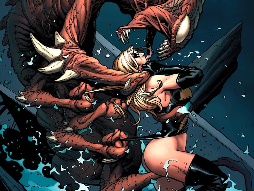 1girls 2d alien ass bad_end black_legwear black_thighhighs blonde_hair breasts carol_danvers choke_hold choking clawing clothing costume defeated extreme_french_kiss female fighting fighting_back forced forced_fellatio forced_sex frank_cho from_behind futile_resistance gloves hopeless imminent_vore interspecies jason_keith long_fingernails long_hair long_penis long_tongue male marvel marvel_comics monster monster_cock monster_rape monster_sex ms._marvel_(carol_danvers) no_escape on_model open_mouth overpowered penetration penis pulling_clothing pulling_hair rape restrained size_difference spread_legs struggling submissive_female the_brood thick_thighs thighhighs thighs tongue tongue_fucking tongue_in_mouth tongue_kiss tongue_out vaginal_penetration