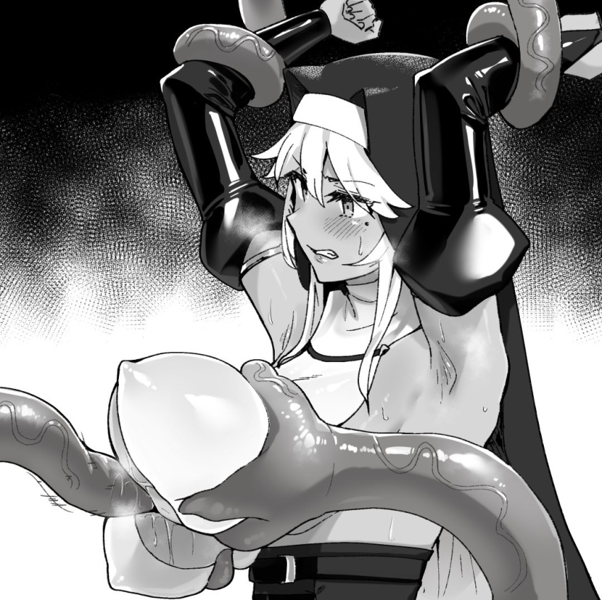 armpits blush breast_grab breasts clenched_teeth detached_sleeves female from_side grabbing habit hands_up huge_breasts juliet_sleeves long_sleeves mole mole_under_eye nun ohlia original paizuri puffy_sleeves restrained solo teeth tentacle tentacle_sex