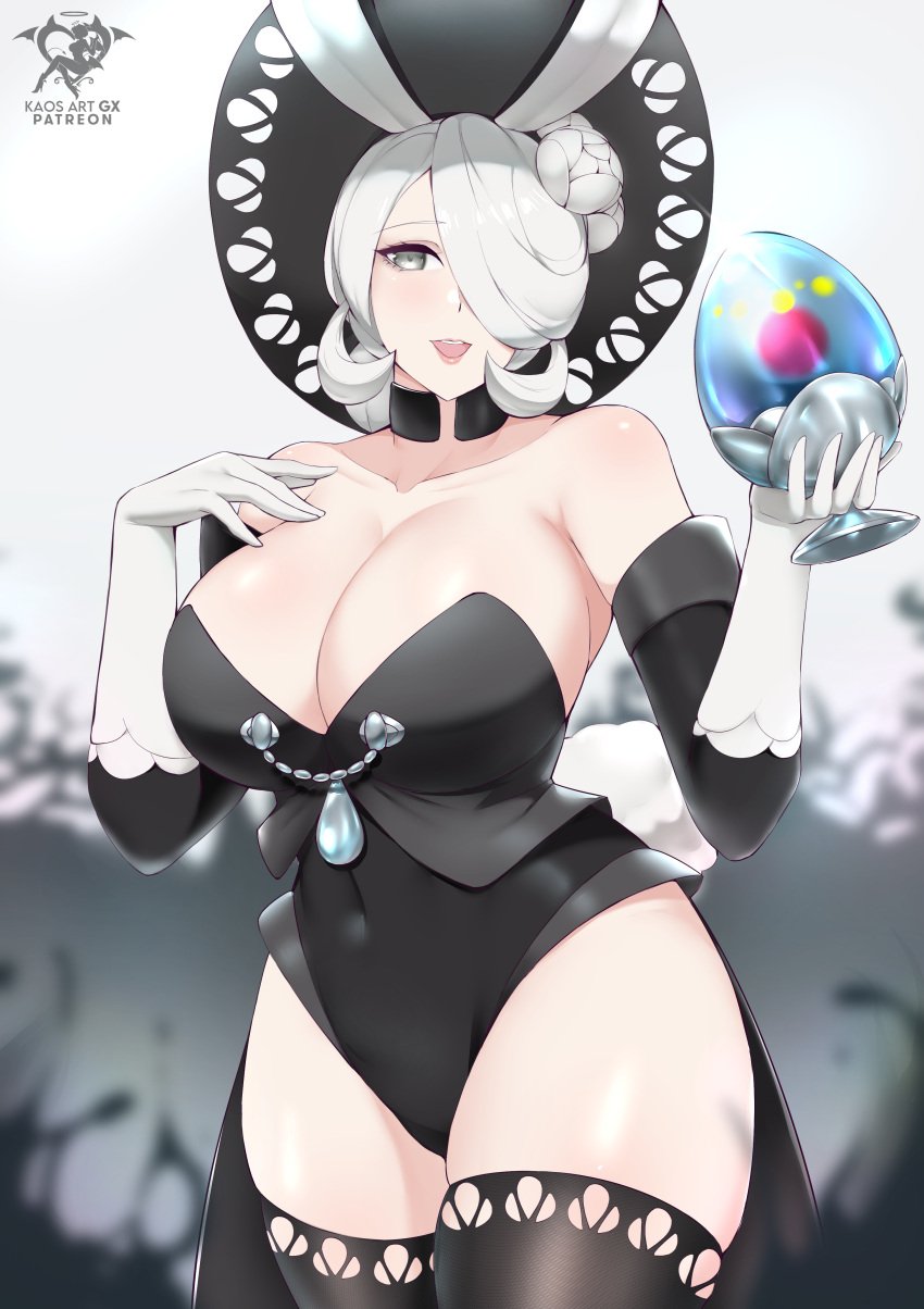 1girls 2022 artist_logo artist_name black_leotard breasts bunny_ears bunny_girl bunny_suit buttplug cleavage cogita_(pokemon) female female_only game_freak hair_over_one_eye hat hi_res highleg_leotard hips holding_buttplug holding_object hourglass_figure huge_breasts huge_buttplug kaos_art large_hat leotard long_hair mature_female nintendo pokemon pokemon_legends:_arceus simple_background slim_waist stockings sun_hat thick_thighs thighs white_hair wide_hips