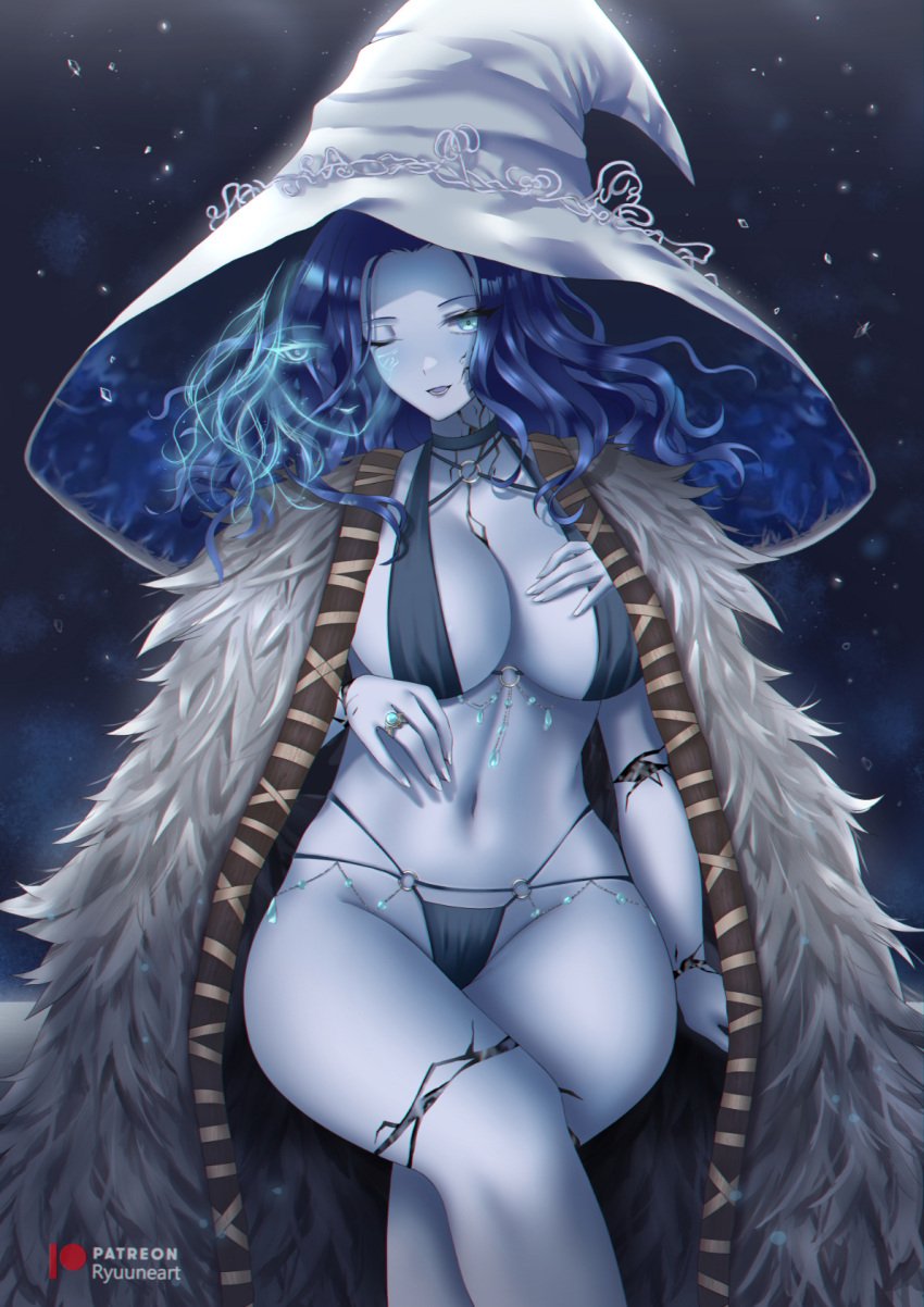 4_arms big_breasts bikini blue_eyes blue_hair blue_skin cape cleavage cracked_skin crossed_legs elden_ring female female_only fromsoftware fur_cape jewels long_hair looking_at_viewer multi_arm multi_limb one_eye_closed ranni_the_witch ryuuneart sitting smile solo swimsuit wavy_hair witch_hat