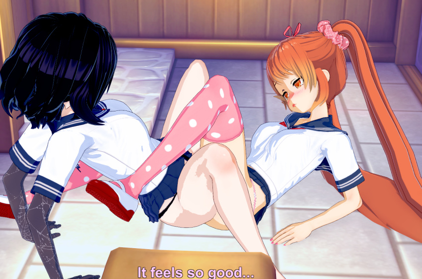 asian black_hair clothed_sex dark_blue_hair japanese koikatsu lesbian_sex no_panties oka_ruto orange_eyes orange_hair osana_najimi_(yandere_simulator) pubic_hair school_uniform schoolgirl scissoring stockings teenager tribadism yandere_simulator yuri