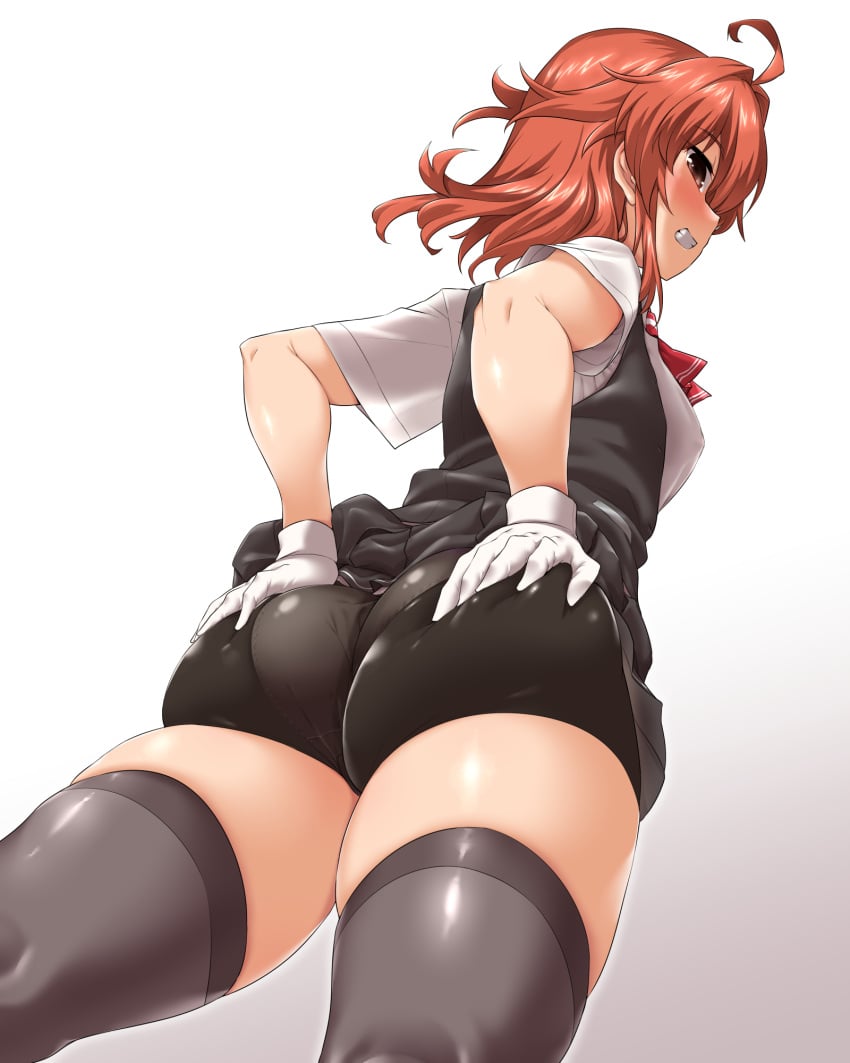 ahoge arashi_(kantai_collection) ass bike_shorts black_legwear black_shorts black_skirt black_vest brown_eyes clothes_lift dress_shirt female from_below gloves hands_on_own_ass highres kantai_collection medium_hair messy_hair miniskirt panties panties_under_bike_shorts pantylines pleated_skirt red_hair shirt short_sleeves shorts skirt skirt_lift solo thighhighs underwear vest white_gloves white_shirt yoshi_tama