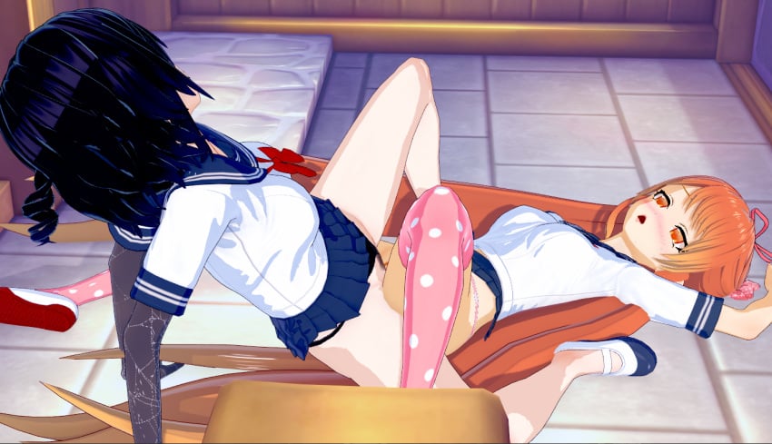 3d black_hair koikatsu oka_ruto orange_hair osana_najimi_(yandere_simulator) pubic_hair school_uniform schoolgirl scissoring stockings tribadism yandere_simulator yuri