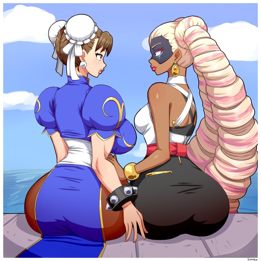 2girls absurdres arms_(game) ass big_ass big_breasts breasts chun-li clothing female female_only highres large_breasts pantyhose simmsy street_fighter thick_thighs twintelle wide_hips