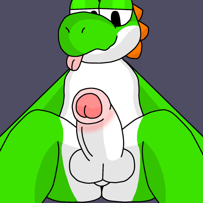 1boy anthro balls erection genitals green_body green_yoshi happy hi_res humanoid_genitalia humanoid_penis looking_at_viewer lyncario male male_only mario_(series) nintendo nude penis simple_background smile solo tongue video_games yoshi yoshi_(character)