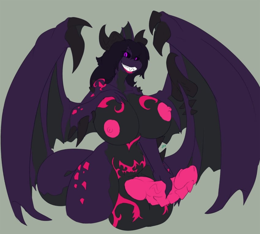 anthro balls big_balls big_breasts black_sclera breasts demon dragon futanari genitals gynomorph huge_balls huge_breasts imric1251 intersex knot lyritha membrane_(anatomy) membranous_wings nipples penis pupils purple_eyes sharp_teeth slit_pupils smile solo teeth wings