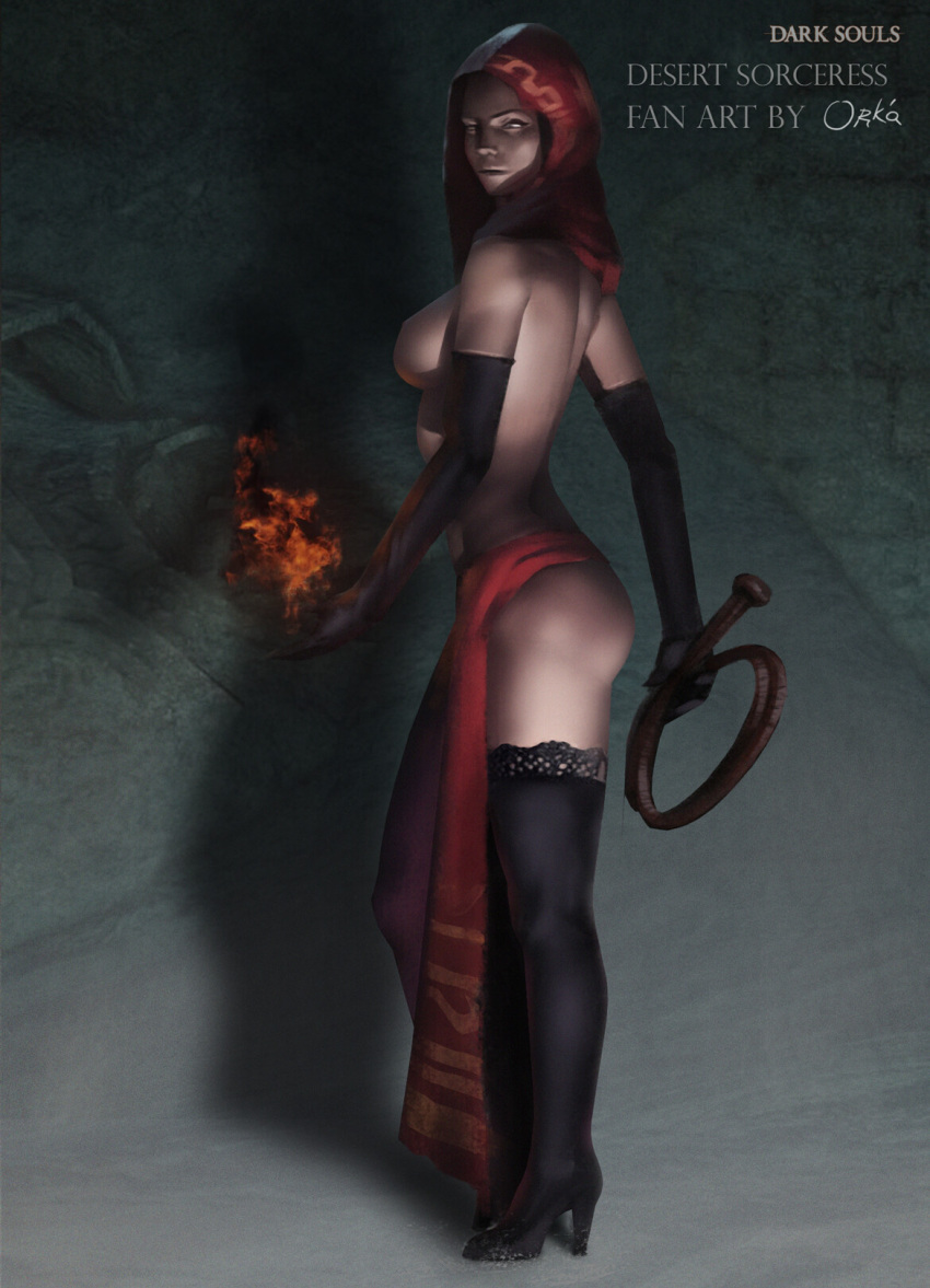 black_gloves black_legwear black_thighhighs boots cowl dark_souls dark_souls_2 desert_sorceress elbow_gloves female female_only fire fromsoftware full_body gloves high_heel_boots high_heels hood lace-trimmed_thighhighs long_skirt looking_at_viewer medium_breasts painting_(artwork) side_slit sideboob skirt solo standing thigh_boots thighhighs topless topless_female whip