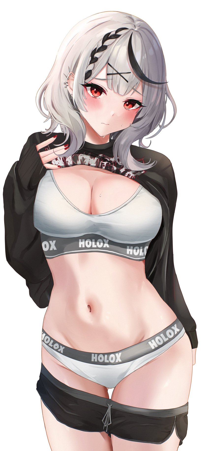 1girls ajirou hololive hololive_japan holox sakamata_chloe shirt_lift shorts_down underwear virtual_youtuber