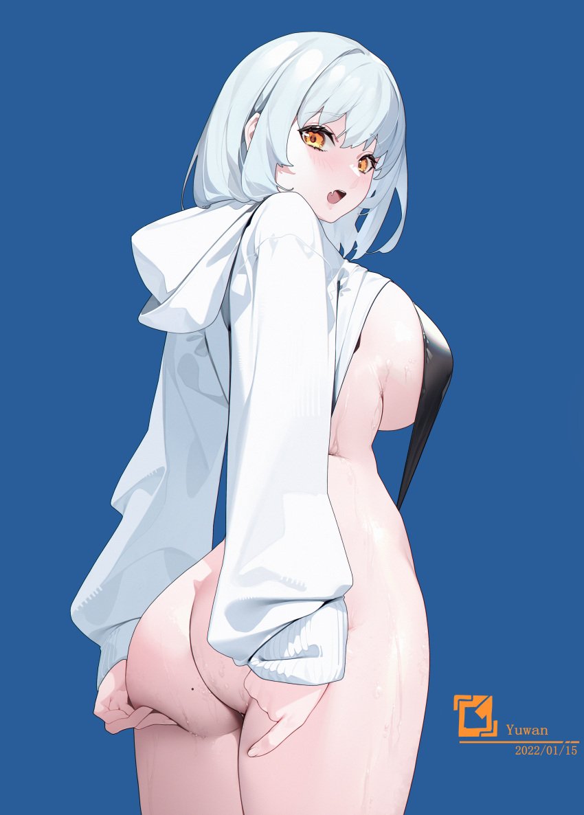 1girls 2022 absurdres artist_name ass ass_focus ass_grab ass_support backboob blue_background blush breasts cowboy_shot cropped_hoodie curvy dated deep_skin female female female_focus female_only from_behind from_below highres hood hoodie large_breasts looking_at_viewer looking_back medium_hair oerba_yun_fang open_mouth original painting school_uniform sideboob silver_hair simple_background skin_fang slingshot_swimsuit solo solo_female strap_gap swimsuit wet white_hair white_hoodie yellow_eyes yuwan_2333