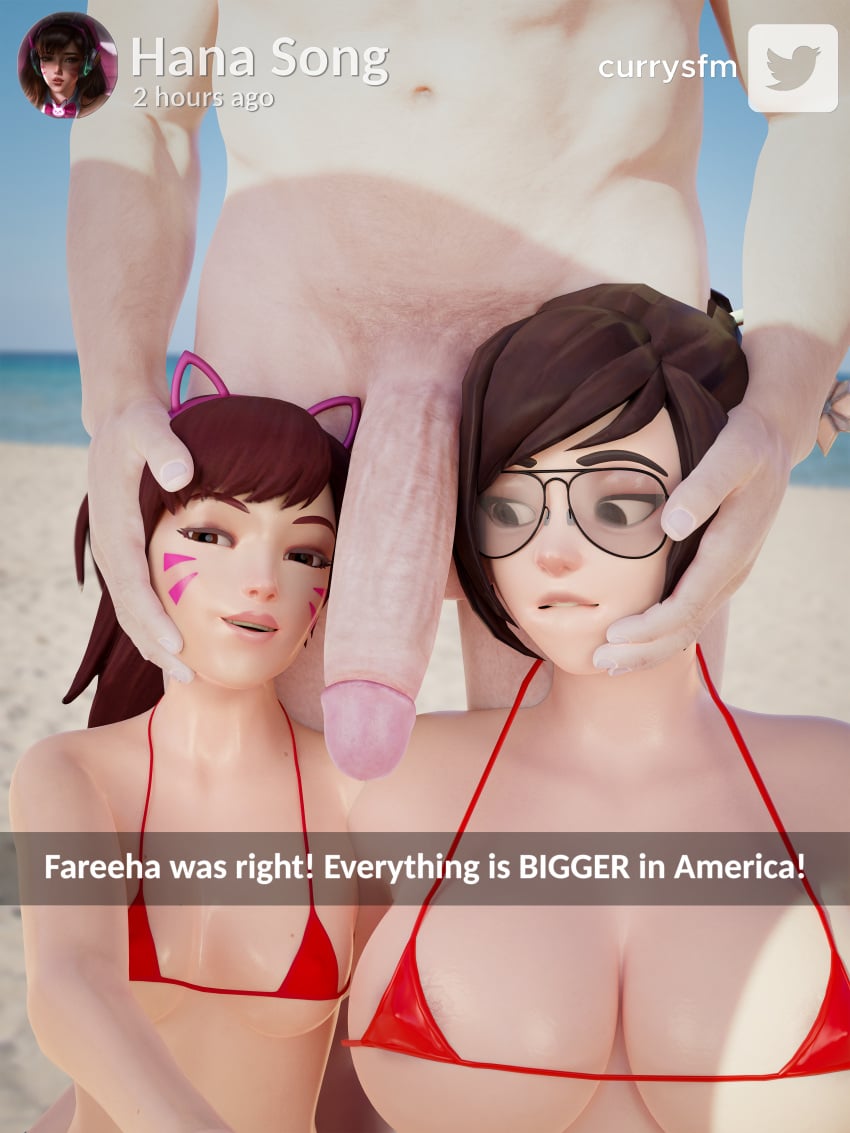 1boy 2girls 3d areola_slip areolae asian_female beach big_penis bikini biting_lip blizzard_entertainment breasts brown_eyes brown_hair caressing_head caressing_head_next_to_hip currysfm d.va english_text female female_focus fingernails freckles glans glasses hana_song imminent_oral imminent_sex interracial large_breasts light-skinned_male long_hair looking_at_penis looking_at_viewer male mei_(overwatch) micro_bikini multiple_girls outdoors overwatch penis penis_awe pose posing red_bikini selfie short_hair small_breasts snapchat text threesome