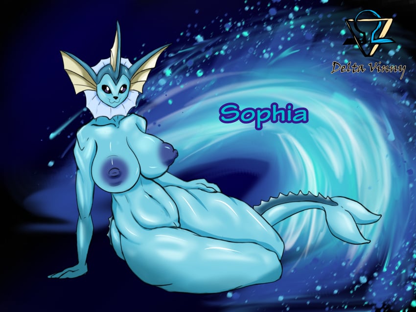 absurd_res anthro areola big_areola big_breasts black_eyes black_nose blue_body breasts deltavinny eeveelution female frill_(anatomy) hand_on_leg hand_on_thigh head_crest head_frill hi_res lying membrane_(anatomy) nintendo on_side pokémon_(species) pokemon simple_background smile solo sophia_(deltavinny) thick_thighs vaporeon video_games