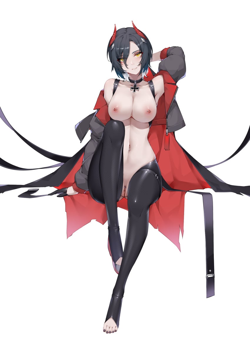 absurdres arm_behind_head azur_lane black_choker black_coat black_gloves black_hair black_legwear black_nails breasts choker clitoris_piercing coat cross crotchless crotchless_pantyhose eyes_visible_through_hair female full_body gloves grey_footwear half_gloves highres horns iron_cross large_breasts looking_at_viewer mechanical_horns multicolored_hair nail_polish navel_piercing nipple_piercing nipples open_clothes open_coat pantyhose piercing pussy red_horns shoes short_hair simple_background single_shoe solo toeless_legwear toenail_polish toenails two-tone_hair ulrich_von_hutten_(azur_lane) white_background white_hair wsfw yellow_eyes zipper