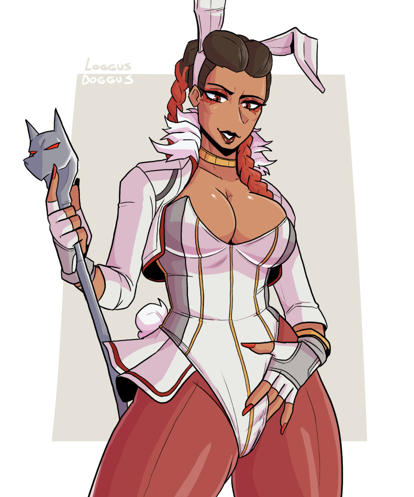 2d apex_legends braid braided_hair bunny_costume bunny_ears bunny_girl bunny_tail bunnysuit costume dark_lipstick dark_skin face_paint fingerless_gloves leotard loba loba_(apex_legends) loba_andrade loggus_doggus long_nails painted_hair painted_nails staff