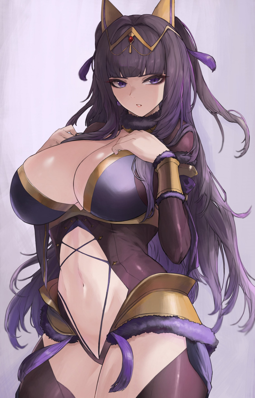 1girls 2022 alternate_costume animal_ear_hairband animal_ears bangs bare_thighs black_hair breasts cleavage commission female female_only fire_emblem fire_emblem_awakening goth hair_ornament hand_on_chest hips huge_breasts inner_thighs kataku_musou long_hair looking_at_viewer nintendo purple_clothing purple_eyes slim_waist tharja_(fire_emblem) thick_thighs thighs wide_hips