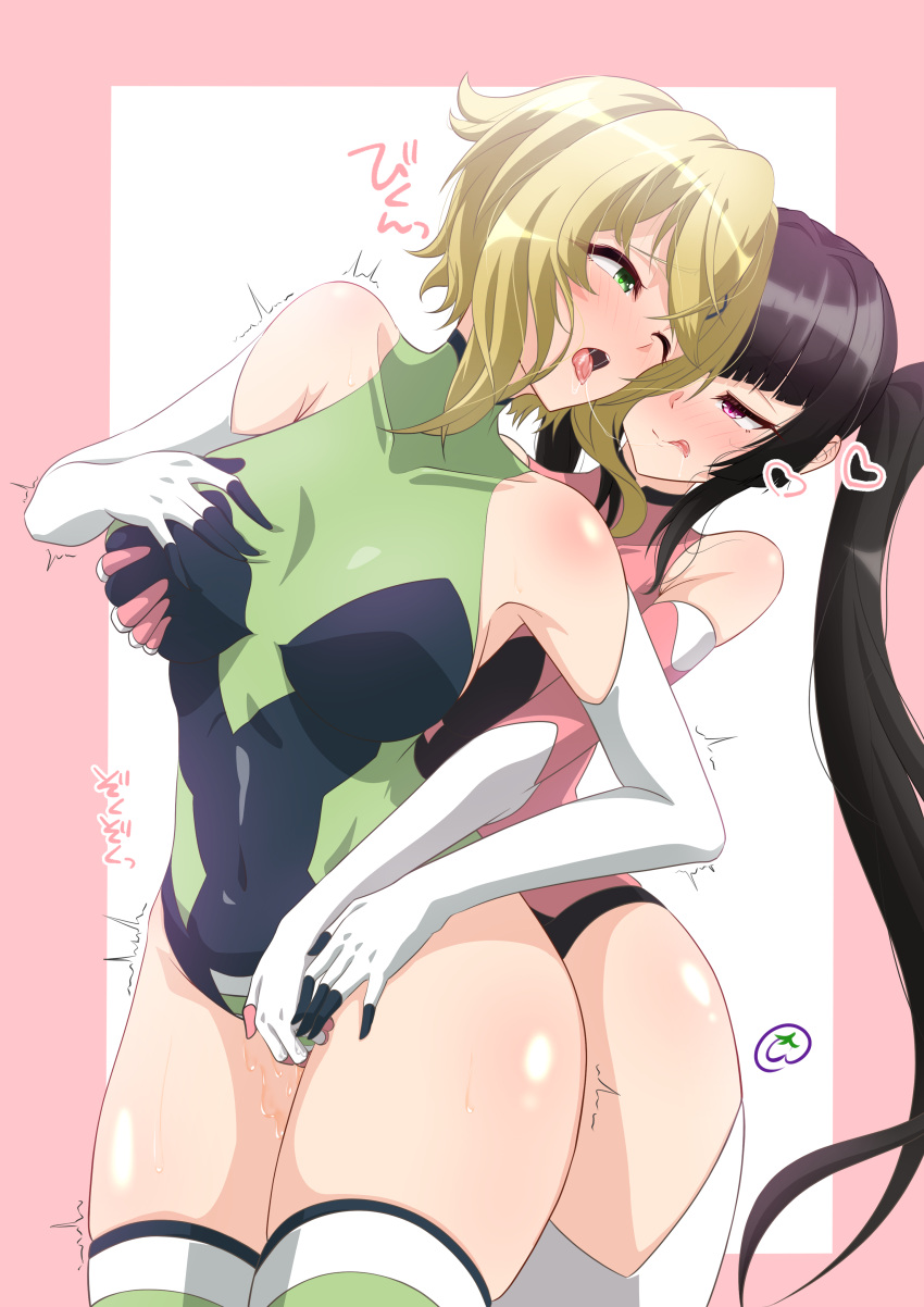 2girls absurdres adamis0108 akatsuki_kirika bangs black_hair blonde_hair blunt_bangs blush breasts couple deep_skin eye_contact fingering fingering_through_clothes grabbing green_eyes green_leotard hair_ornament highres hug hug_from_behind leotard long_hair looking_at_another medium_breasts multiple_girls pink_eyes pink_leotard pussy_juice reach-around senki_zesshou_symphogear shiny shiny_hair shiny_skin short_hair sweat through_clothes translation_request tsukuyomi_shirabe twintails x_hair_ornament yuri