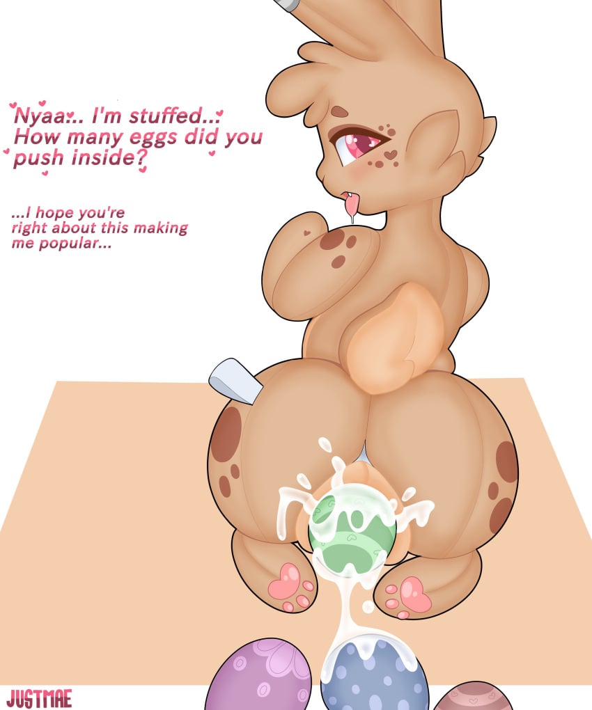 anthro big_ass big_butt brown_body bunny bunny_girl cookie_(just_mae) cum cum_in_pussy dialogue drooling easter egg egg_laying eggs english_text exposed_anus exposed_pussy feet female furry high_resolution highres just_mae looking_at_viewer paws pink_eyes plushie pussy saliva short signature simple_background solo_female spotted_body spotted_fur tag tail text thick_ass thick_thighs tongue tongue_out vagina watermark