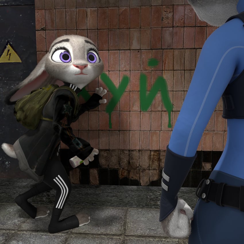 alley bunny_ears caught clothing graffiti grey_fur judy_hopps melo purple_eyes rabbit russian_text spray_can wall zootopia