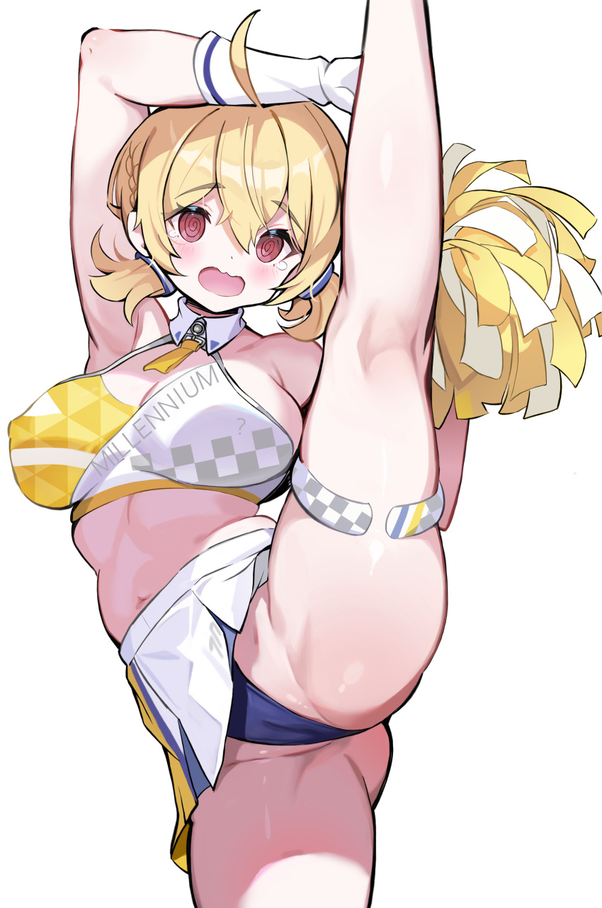 1girls @_@ ahoge arm_above_head arm_over_head arm_up armpits ass_visible_from_the_front belly belly_button big_breasts blonde_female blonde_hair blonde_hair_female blue_archive blue_panties cameltoe checkered checkered_clothes cheerleader cheerleader_uniform cleavage embarrassed engineering_department_(blue_archive) female hand_on_knee kneepits kotori_(blue_archive) kotori_(cheerleader)_(blue_archive) large_breasts leg_grab leg_up legs legs_apart millennium_cheerleader_outfit_(blue_archive) millennium_science_school_student necktie neckwear open_mouth panties pom_poms red_eyes short_hair shy solo solo_female solo_focus splits sports_bra tear thigh_strap tummy tunoko98 vertical_splits white_background white_skirt yellow_and_white yellow_tie