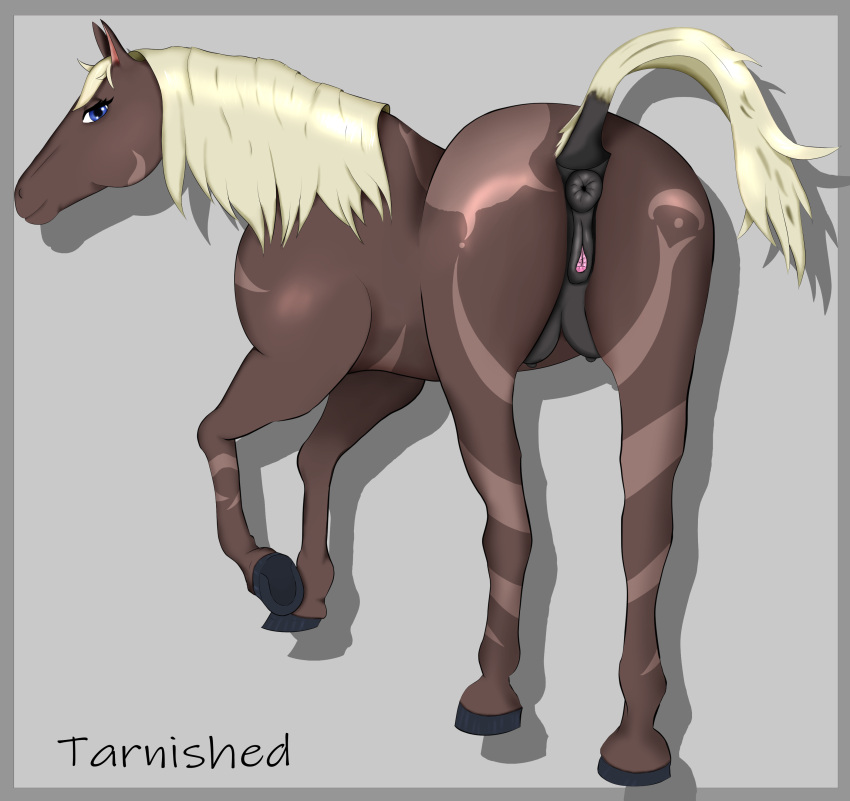 absurd_res anus ass blonde_hair blue_eyes brown_body brown_fur equid equine female feral fur fur_pattern furry genitals hair hi_res hooves horse looking_at_viewer looking_back mammal mane one_eye_closed pussy raised_tail solo tarnished_(artist) underhoof wink