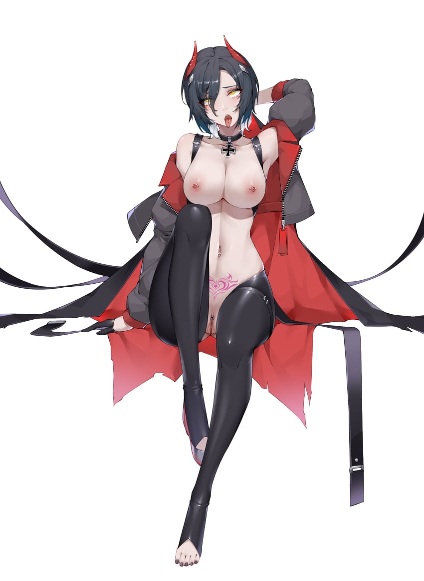 1girls absurdres ahe_gao arm_behind_head azur_lane black_choker black_coat black_gloves black_hair black_legwear black_nails breasts choker clitoris_piercing coat cross crotchless crotchless_pantyhose eyes_visible_through_hair female female_only full_body gloves grey_footwear half_gloves highres horns iron_cross large_breasts looking_at_viewer mechanical_horns multicolored_hair nail_polish navel_piercing nipple_piercing nipples open_clothes open_coat open_mouth pantyhose piercing pubic_tattoo pussy red_horns rolling_eyes shoes short_hair simple_background single_shoe solo tattoo toeless_legwear toenail_polish toenails tongue_piercing two-tone_hair ulrich_von_hutten_(azur_lane) white_background white_hair wsfw yellow_eyes zipper