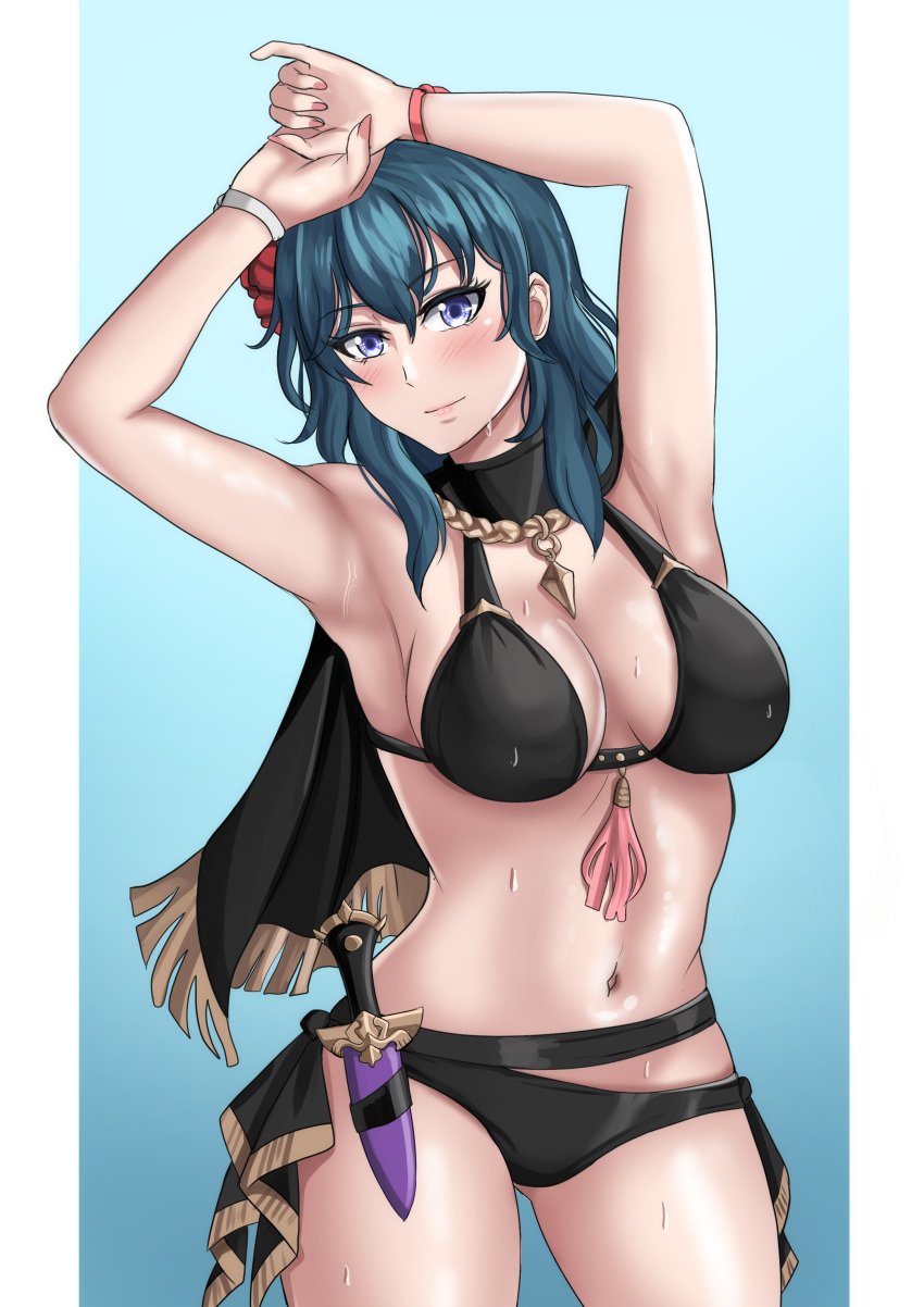 alternate_costume bikini black_bikini black_swimsuit blue_eyes blue_hair breasts byleth_(fire_emblem) byleth_(fire_emblem)_(female) drie female fire_emblem fire_emblem:_three_houses fire_emblem_heroes nintendo official_alternate_costume solo swimsuit