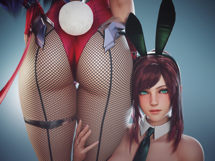 2girls 3d 3d_(artwork) aqua_eyes ass ass_worship battle_bunny_irelia big_ass blue_hair brown_hair bunny_ears bunny_girl bunny_tail bunnysuit faceless_female female female_face_near_ass female_only fishnets head_on_ass hi_res irelia_xan league_of_legends looking_at_viewer primrose ryanreos simple_background stockings thick_thighs thigh_grab thigh_strap thighs