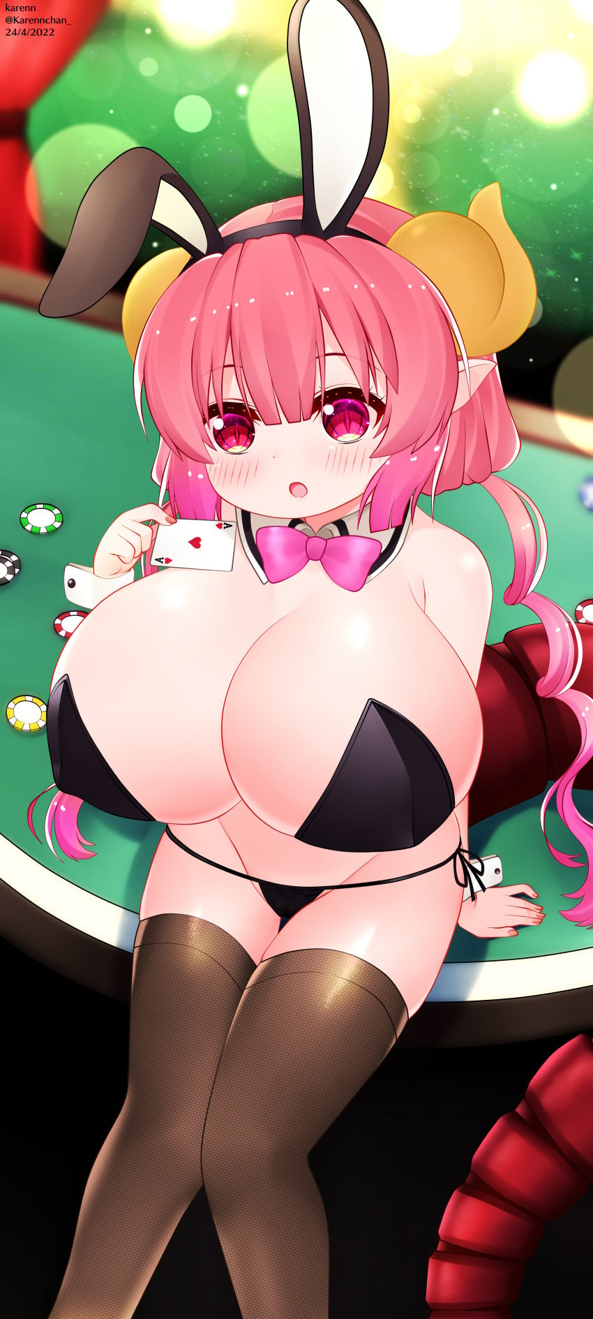 1girls adorable big_breasts blush breasts bunny_ears cute female female_focus female_only horns huge_breasts ilulu_(dragon_maid) karenn legwear leotard miss_kobayashi's_dragon_maid monster_girl pink_hair pointy_ears red_eyes red_hair sitting solo tail thick_thighs thong