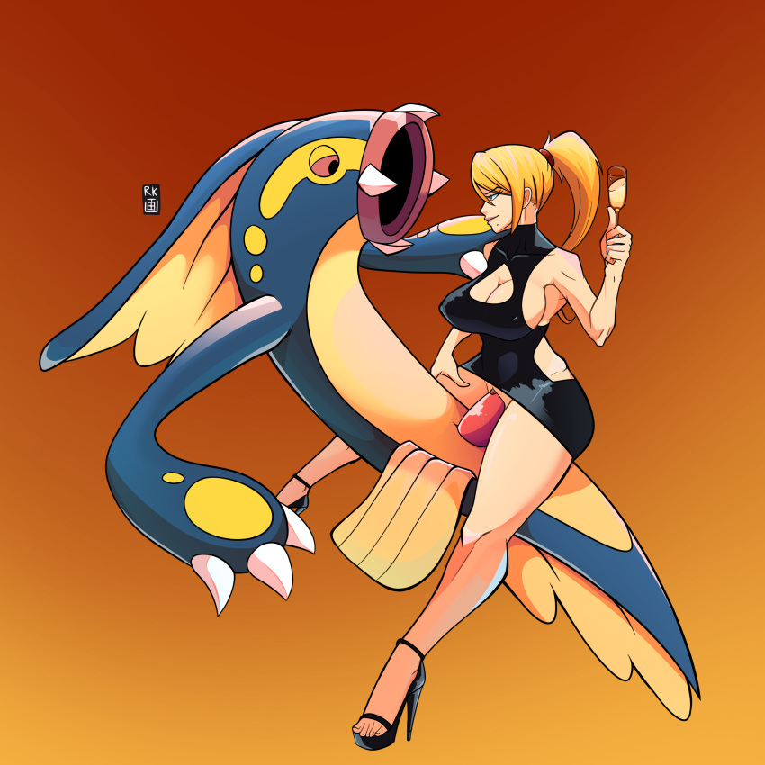 alcohol beauty_mark big_breasts big_penis black_dress blonde_hair blue_eyes boob_window champagne champagne_glass clothing crossover dress eelektross exposed_pussy feet heels metroid nintendo nipples_visible_through_clothing penetration penis pokémon_(species) pokemon pokephilia ponytail pussy red_eyes riding riding_penis rkzero10 samus_aran sideboob taller_girl thick_thighs thighs tomboy