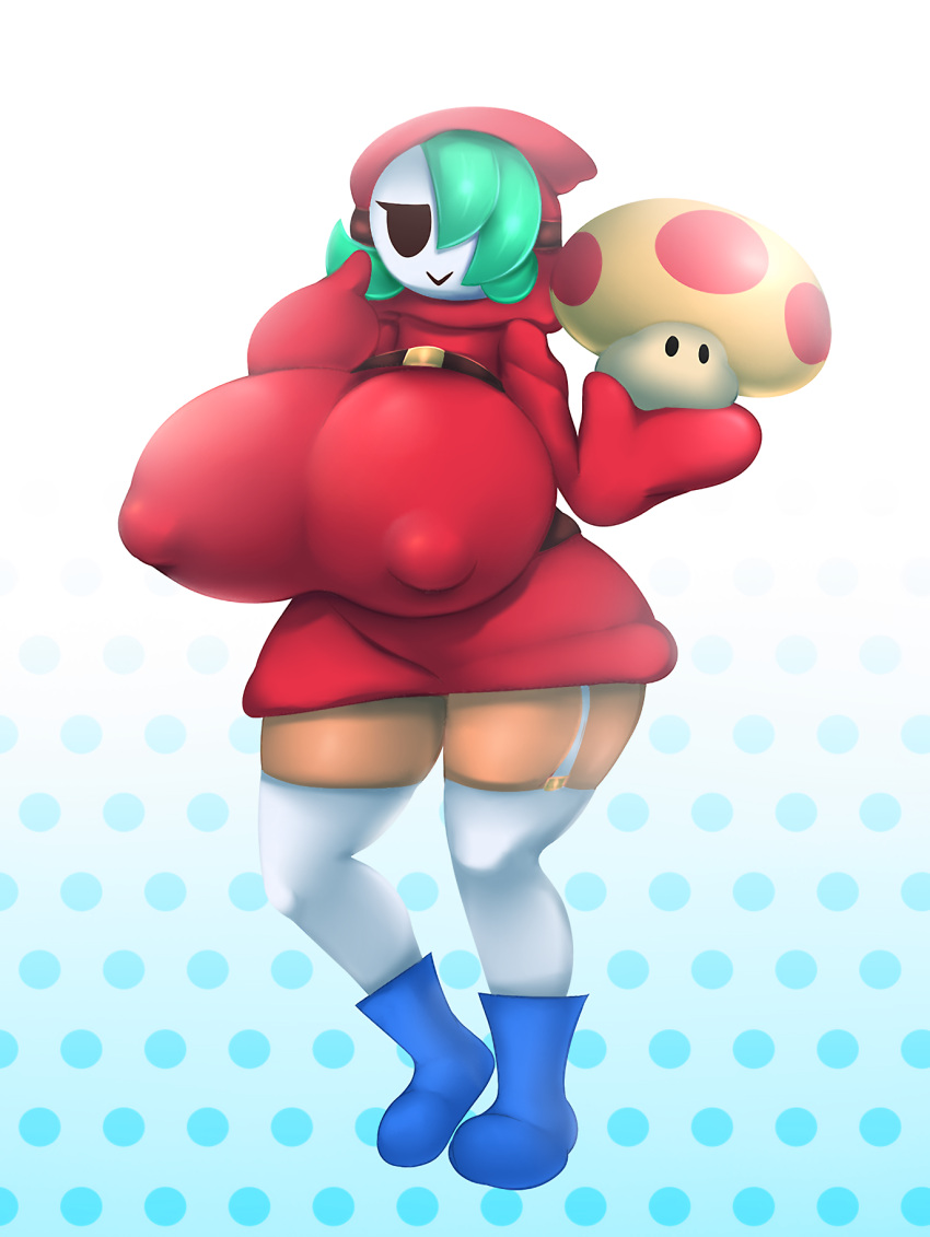 1girls :> big_breasts blue_boots boots breast_expansion breasts breasts_bigger_than_head curvy female female_only green_hair growth hair_over_one_eye half-closed_eyes holding_mushroom huge_breasts light-skinned_female light_skin looking_at_viewer mario_(series) mask mega_mushroom metachoke mushroom nintendo shy_gal shy_gal_red smug solo stockings tagme thighhighs white_stockings white_thighhighs