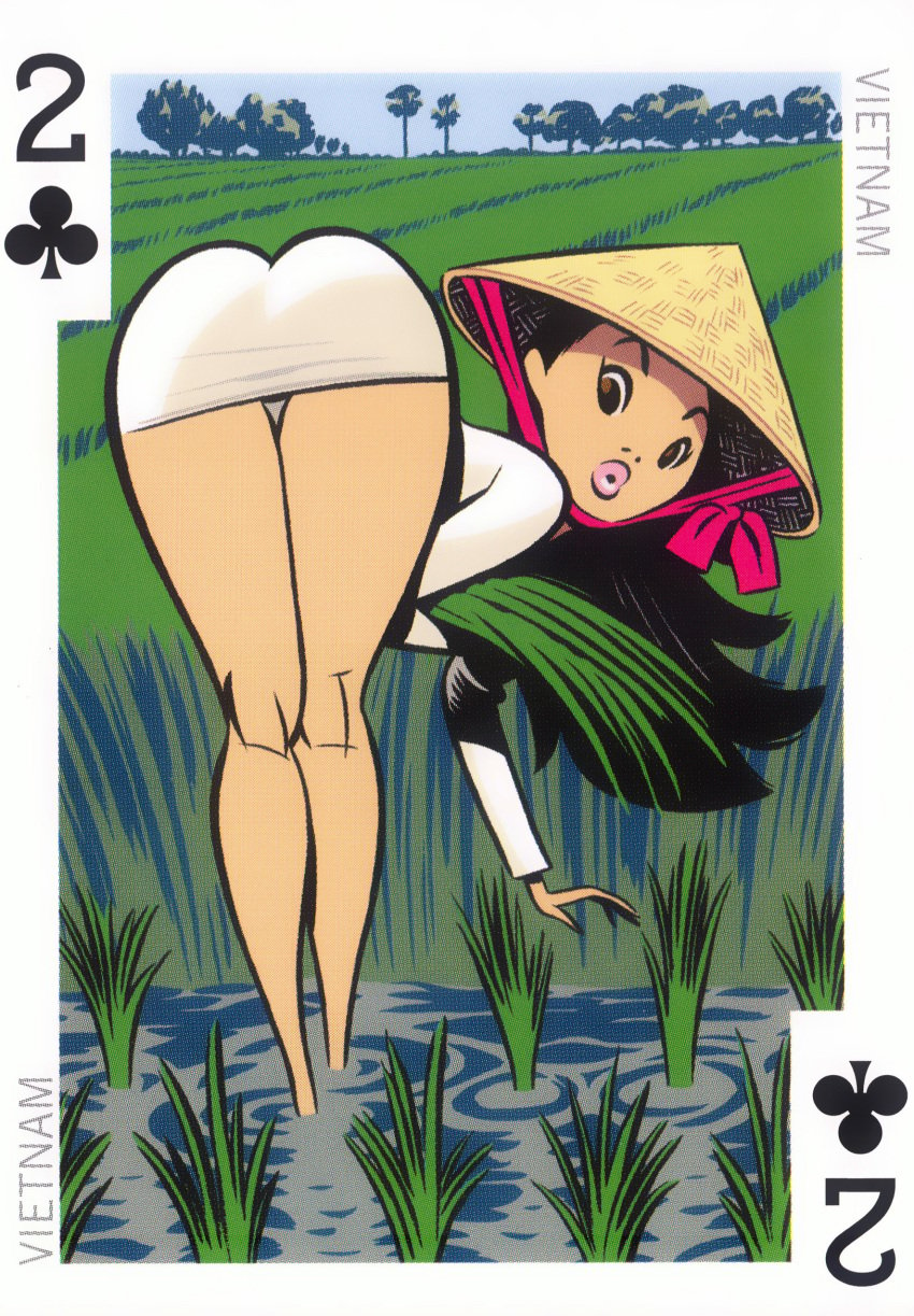 54_international_cuties ao_dai ass ass_focus ass_in_dress bill_presing black_hair brown_eyes butt_focus conical_hat dress farm farming leaning_forward looking_at_viewer national_personification partially_submerged pinup playing_card rice_field southeast_straw_hat vietnam vietnamese_dress woman