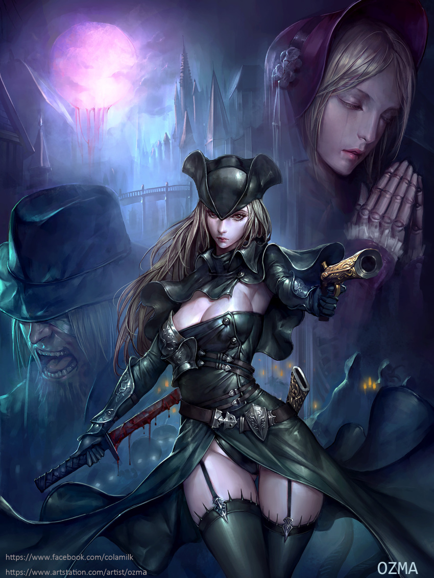 1boy 2girls armor big_breasts black_gloves black_legwear black_panties black_thighhighs blonde_hair bloodborne breasts capelet cleavage colamilk detailed detailed_background father_gascoigne female female_focus flintlock flintlock_pistol fromsoftware full_moon garter_straps gloves gothic gothic_architecture gun hat headwear hunter_(bloodborne) long_hair looking_at_viewer male messenger_(bloodborne) moon night ozma painting_(artwork) panties pistol plain_doll stockings strapless strapless_dress sword thick_thighs thigh_gap thighhighs weapon wide_hips