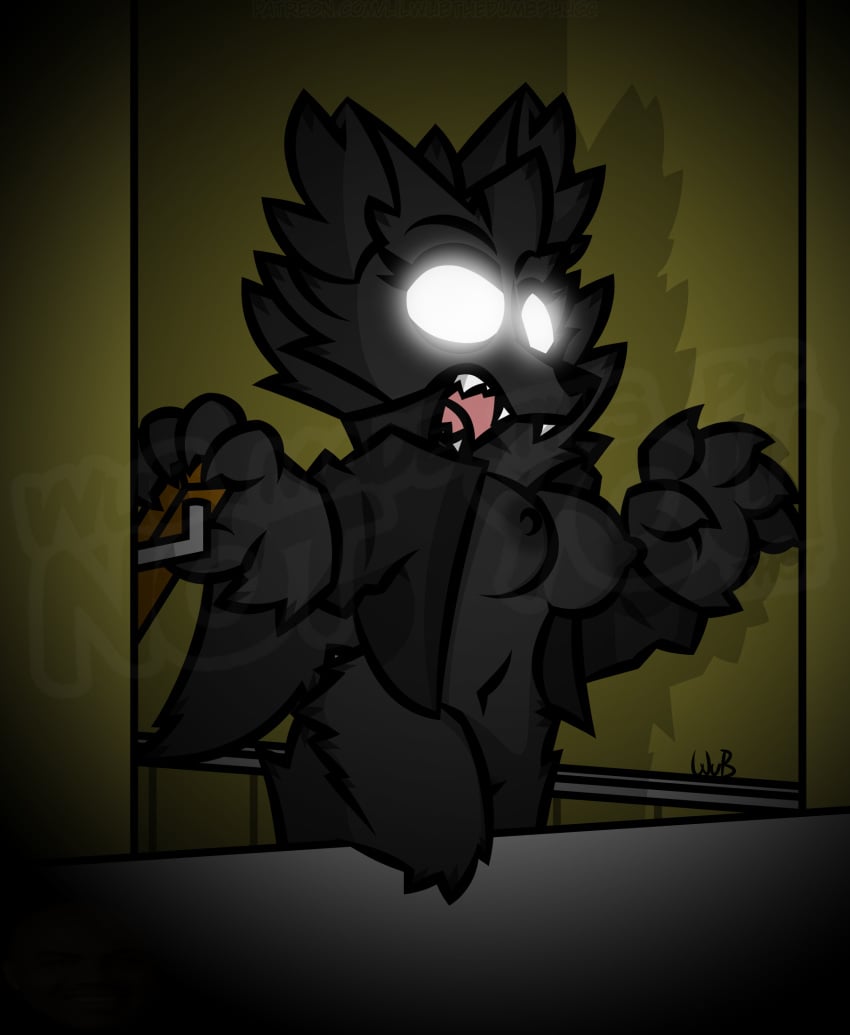 angry anthro black_body black_fur breasts canid canine canis claws clothing darkness empty_eyes fangs female flashlight fur glowing glowing_eyes hi_res inner_ear_fluff jacket mammal mostly_nude neck_tuft nipples open_mouth sharp_teeth signature solo stair_wolf stairs teeth topwear tuft watermark were werecanid werecanine werewolf wolf wub_(artist)