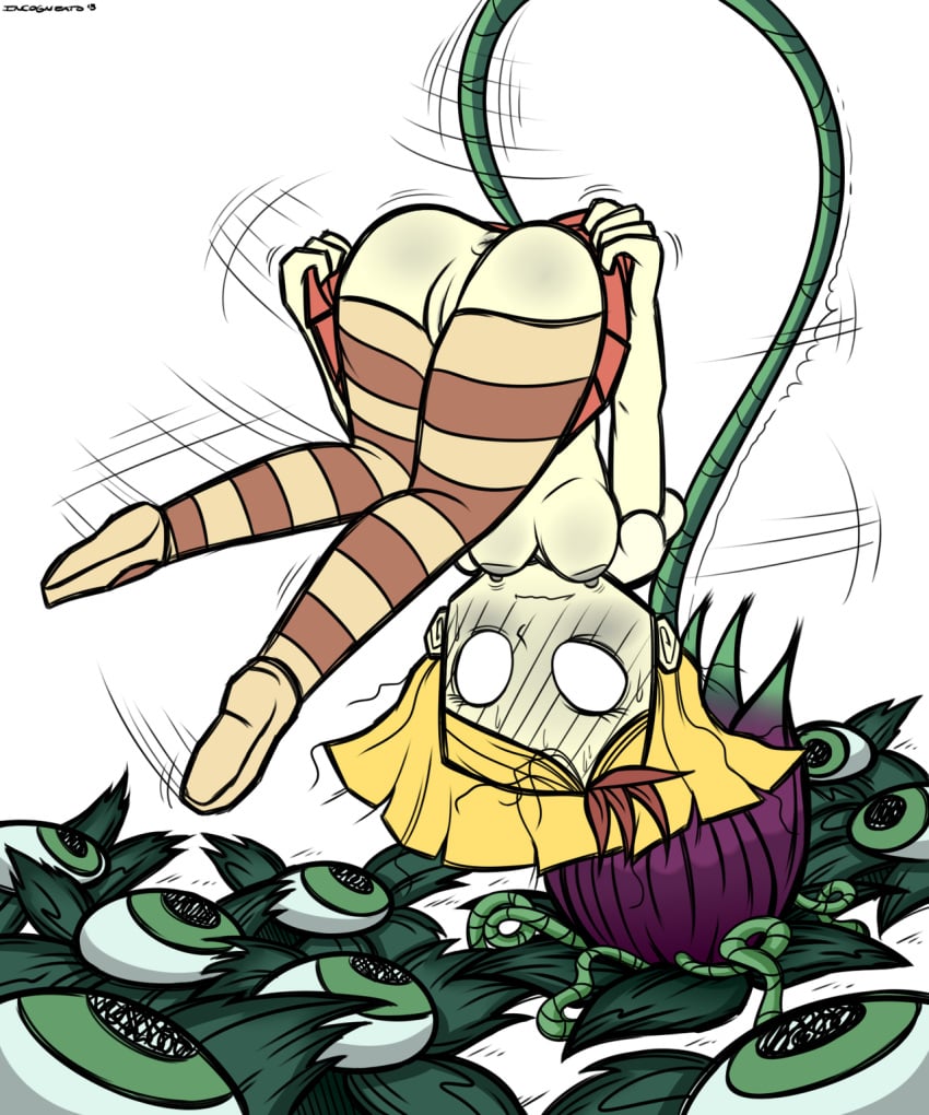 1girls blonde_hair blush don't_starve don't_starve_together dont_starve dont_starve_together female_only incogneato klei_entertainment lureplant_(don't_starve) no_pupils pale-skinned_female pale_skin plant solo striped_legwear stuck tagme trapped wedgie wendy_(don't_starve) white_background white_eyes