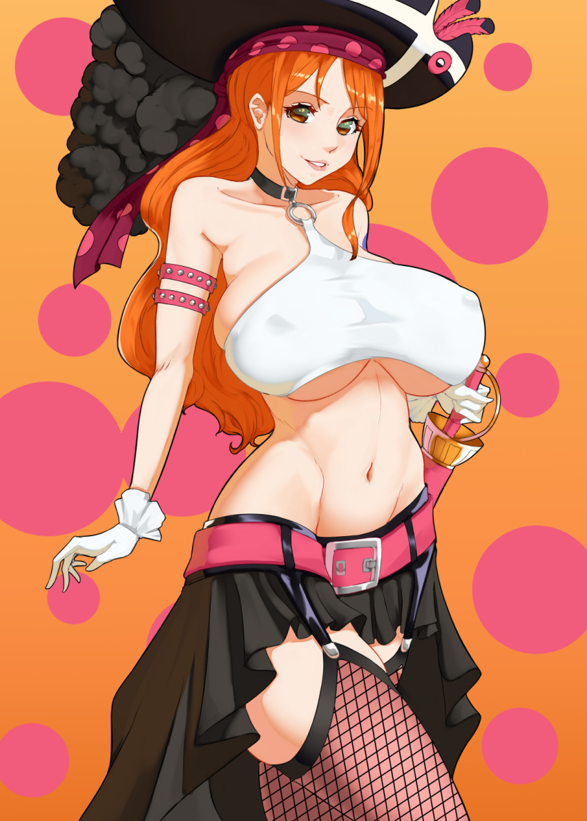 1girls 47_hard breasts eye_contact female female_focus female_only fishnet_legwear hat huge_breasts legwear long_hair looking_at_viewer nami nami_(one_piece) nipple_bulge one_piece one_piece_film_red orange_eyes orange_hair pirate_hat post-timeskip solo standing thick_thighs thighhighs thighs