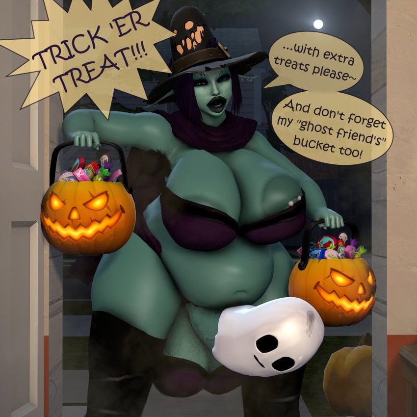 3d areola_slip areolae armpit_hair ball_bra balls bbw belly big_belly blue_skin bulge dialogue earrings english_text erection fat futa_only futanari halloween halloween_costume hrfidy long_ears nipple_piercing obese overweight overweight_futanari penis piercing plump_lips precum precum_through_clothing solo_futa tenting text thigh_boots thighhighs witch_hat