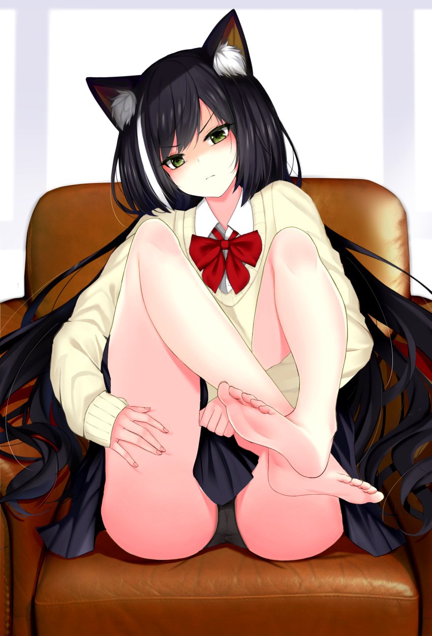 animal_ears annoyed armchair barefoot black_hair black_panties black_skirt black_underwear cameltoe chair closed_mouth clothes_pull clothing collared_shirt feet feet_together feet_towards_viewer female female_only female_solo foot_focus glaring green_eyes kavies kyaru_(princess_connect) legs_up long_hair long_sleeves looking_at_viewer multicolored_hair neck_ribbon nekomimi pantsu pov_feet princess_connect! princess_connect!_re:dive red_ribbon ribbon school_uniform shirt sitting skirt skirt_lift skirt_pull sleeves_past_wrists soles solo spread_legs streaked_hair sweater toes two-tone_hair underwear uniform v-neck very_long_hair white_hair white_shirt