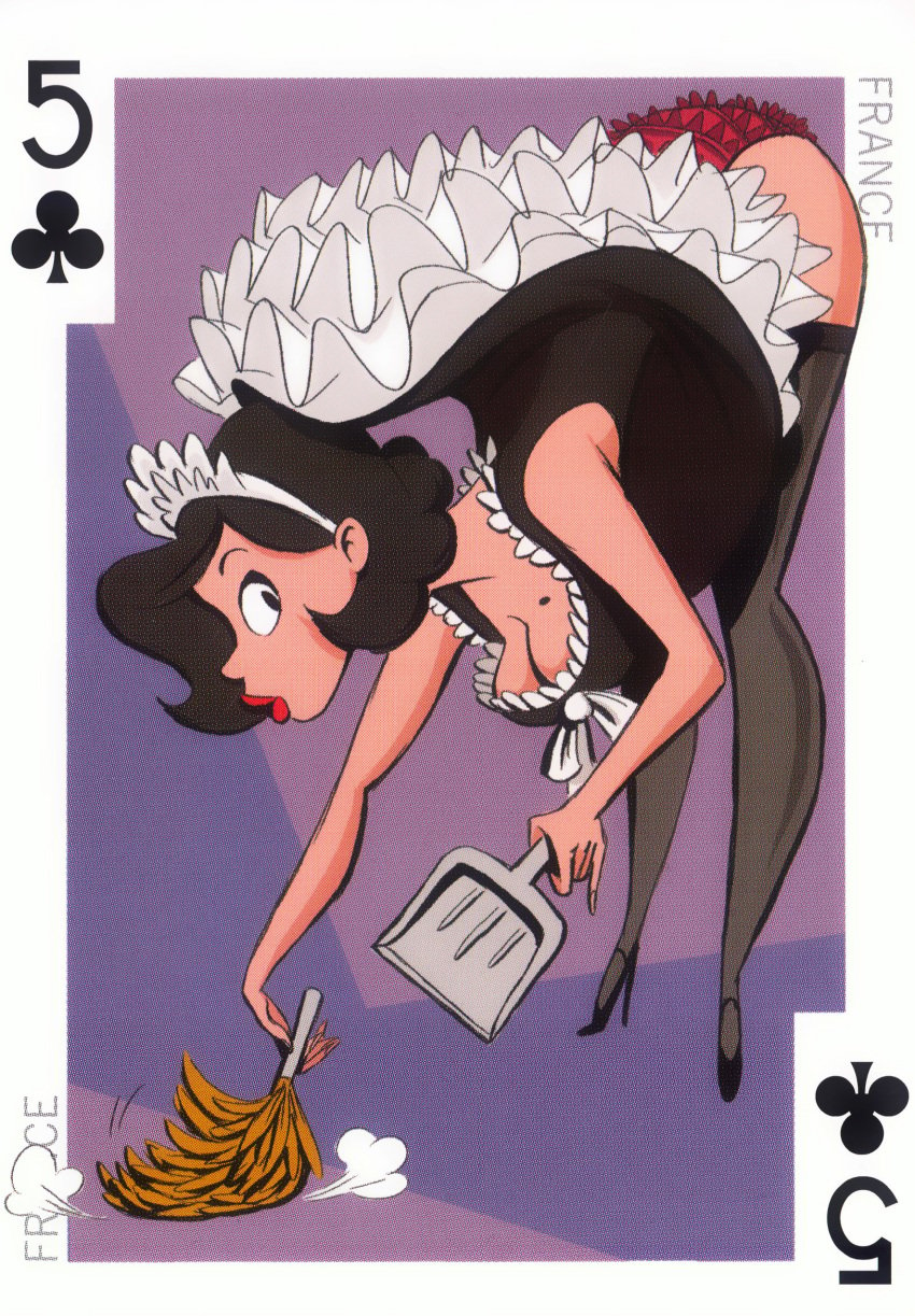 54_international_cuties accidental_exposure bent_over bill_presing black_hair cleaning cleavage_cutout duster france french_maid frilled_panties frills frilly_panties leaning_forward maid_uniform mole_on_breast panties picot_trim picot_trim_panties pinup playing_card red_panties skirt_lift