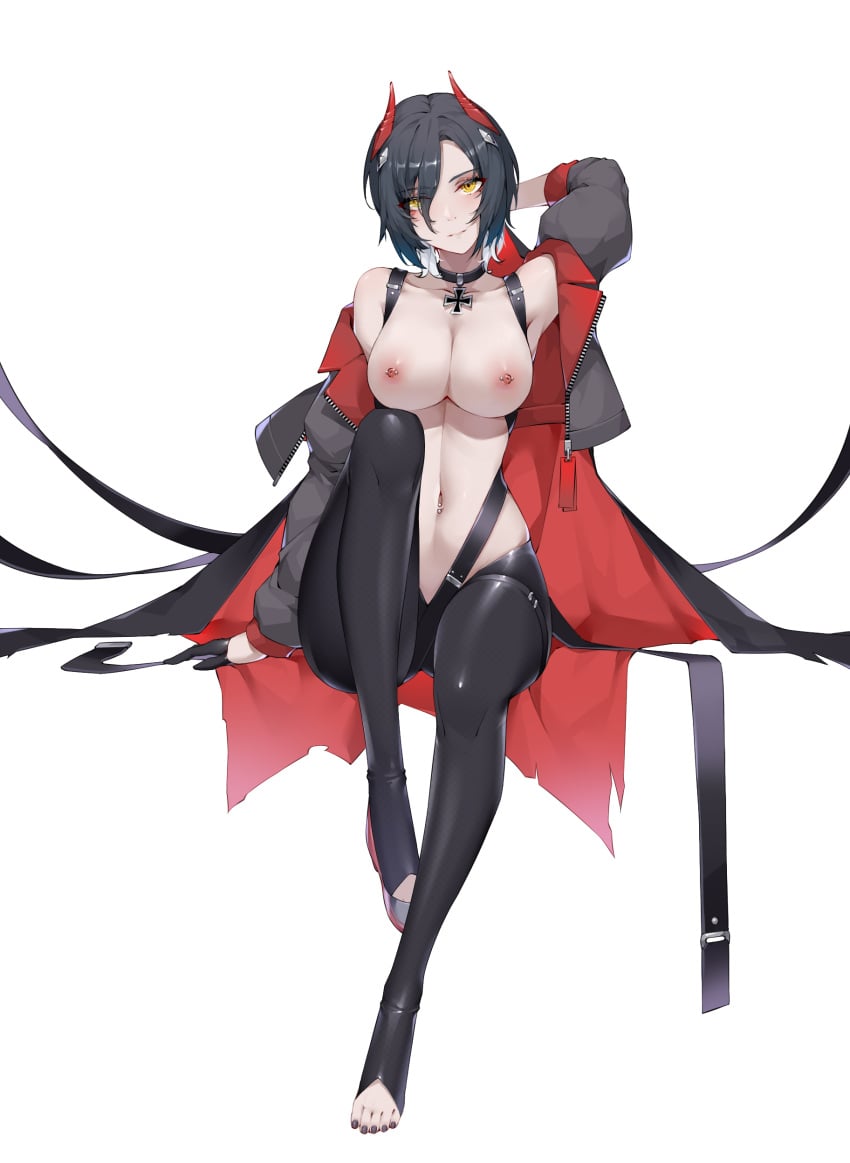 1girls absurdres arm_behind_head azur_lane black_choker black_coat black_gloves black_hair black_legwear black_nails breasts choker coat cross crotchless crotchless_pantyhose eyes_visible_through_hair female female_only full_body gloves grey_footwear half_gloves highres horns iron_cross large_breasts looking_at_viewer mechanical_horns multicolored_hair nail_polish navel_piercing nipple_piercing nipples open_clothes open_coat pantyhose piercing red_horns shoes short_hair simple_background single_shoe solo toeless_legwear toenail_polish toenails two-tone_hair ulrich_von_hutten_(azur_lane) white_background white_hair wsfw yellow_eyes zipper