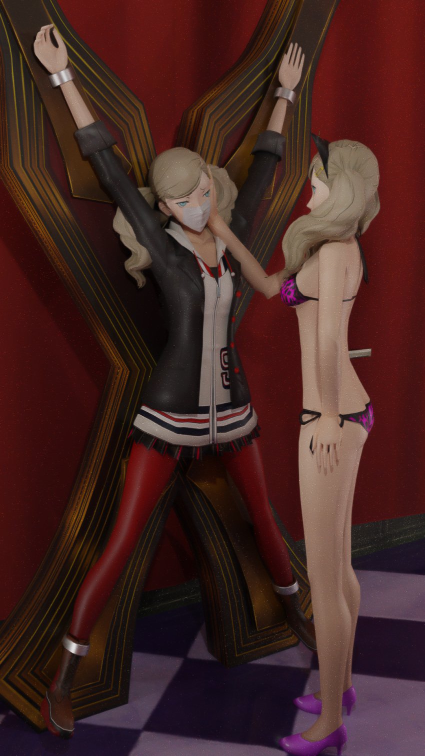 2girls 3d ankle_cuffs ann_takamaki asphyxiation blonde_hair blue_eyes bondage bound bound_ankles bound_wrists dark_persona dual_persona female female_only femdom femsub gag gagged over_the_nose_gag persona persona_5 restrained saint_andrew's_cross selfcest suffocation tape_gag taped_mouth theblendertaper wrist_shackles