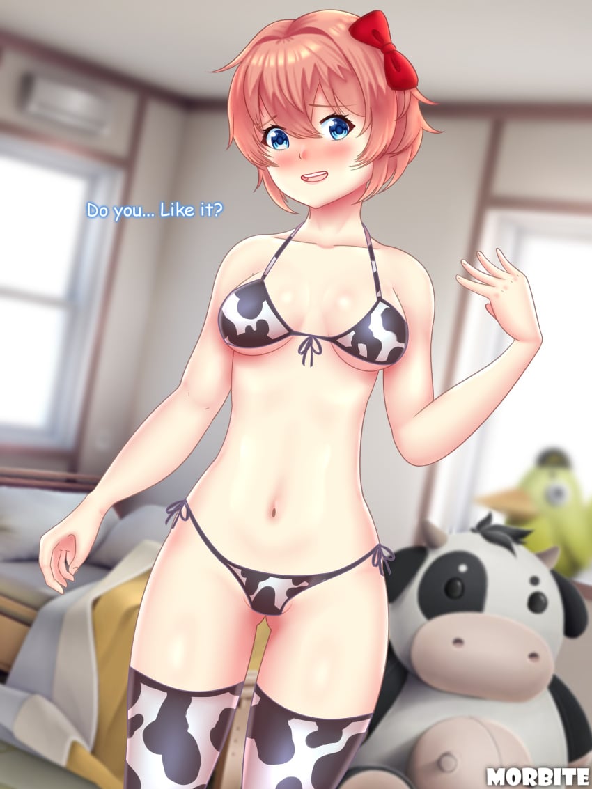 bikini blush bow cow_print cow_print_bikini dialogue doki_doki_literature_club english_text female female_only highres just_sayori morbite mr._cow_(doki_doki_literature_club) open_mouth petite sayori_(doki_doki_literature_club) short_hair shy small_breasts text thick_thighs thighhighs thighs