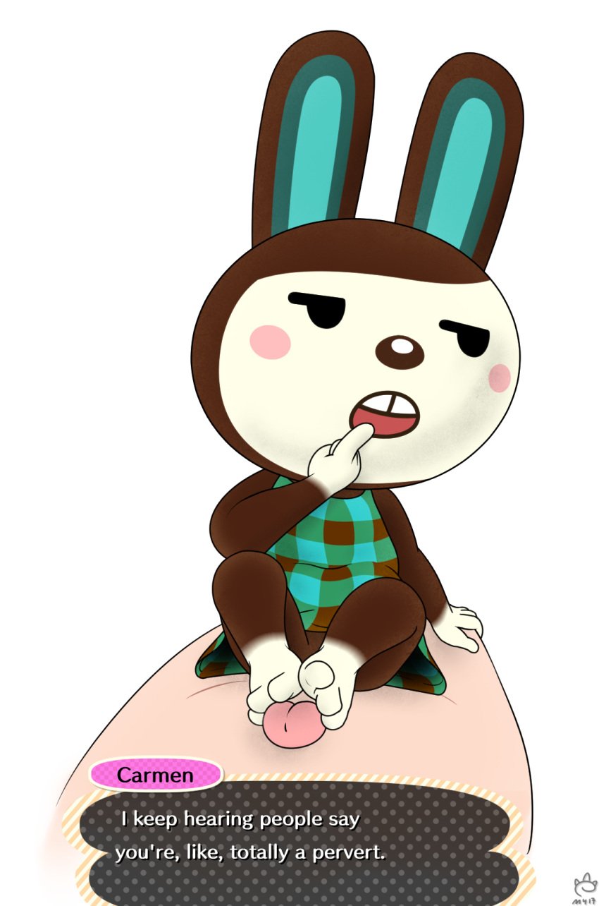 animal_crossing anthro blush brown_body brown_fur carmen_(animal_crossing) clothing dialogue dress duo female finger_to_mouth first_person_view foot_fetish foot_play footjob footwear fur genitals gloves_(marking) green_inner_ear hi_res human human_on_anthro human_pov humanoid_genitalia humanoid_penis interspecies lagomorph leporid male male/female male_pov mammal markings mecha417 nintendo pattern_clothing pattern_dress penis plaid plaid_clothing plaid_dress rabbit sex signature simple_background socks talking_to_viewer tan_body tan_fur two-footed_footjob video_games white_background