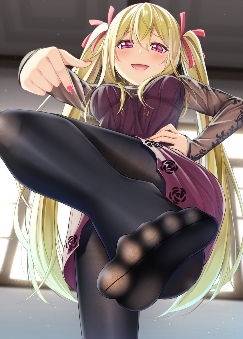 blonde_hair blush feet feet_towards_viewer female female gurande_(g-size) hair_ornament hair_ribbon hand_on_hip high_resolution leg_up long_hair looking_at_viewer nail_polish open_mouth pantyhose pink_eyes pointing pov pov_feet ribbon soles tied_hair toes twintails