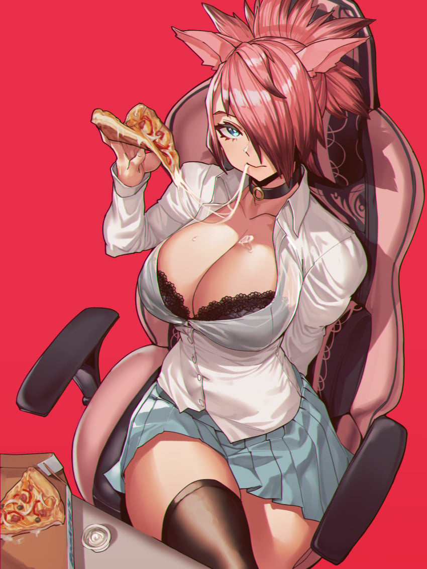 black_bra bonkiru bra bra_cups_sticking_out bra_peek cat_ears catgirl chair cheese choker cleavage curvy dress_shirt eating final_fantasy final_fantasy_xiv food food_in_mouth food_on_breasts lace lace-trimmed_bra lace_trim large_breasts looking_at_viewer miqo'te picot_trim picot_trim_bra pizza pizza_box school_uniform sitting sitting_on_chair skirt stockings thighhighs thighs zephyr_winds