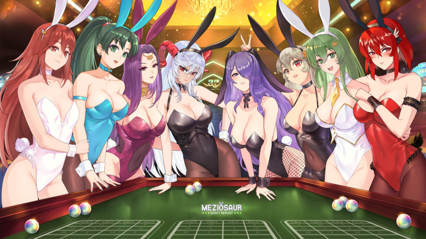 >:) 6+girls 8girls :d alternate_costume angry bare_thighs blush breasts bunny_ears bunny_girl bunnysuit camilla_(fire_emblem) casino choker cleavage cordelia_(fire_emblem) corrin_(fire_emblem) corrin_(fire_emblem)_(female) embarrassed erinys_(fire_emblem) eyeshadow female female_only fire_emblem fire_emblem:_genealogy_of_the_holy_war fire_emblem:_mystery_of_the_emblem fire_emblem:_shadow_dragon_and_the_blade_of_light fire_emblem:_the_blazing_blade fire_emblem_awakening fire_emblem_echoes:_shadows_of_valentia fire_emblem_fates fire_emblem_gaiden fire_emblem_heroes fishnet_legwear fishnets freyja_(fire_emblem) frown green_eyes green_hair grey_hair hair_between_eyes hair_over_one_eye highres horns indoors large_breasts leotard long_hair looking_at_viewer lyn_(fire_emblem) makeup medium_breasts meziosaur minerva_(fire_emblem) multiple_girls nintendo open_mouth orb pantyhose playboy_bunny ponytail purple_eyes purple_hair red_eyes red_hair short_hair small_breasts smile sonya_(fire_emblem) thighs v v-shaped_eyebrows very_long_hair white_hair