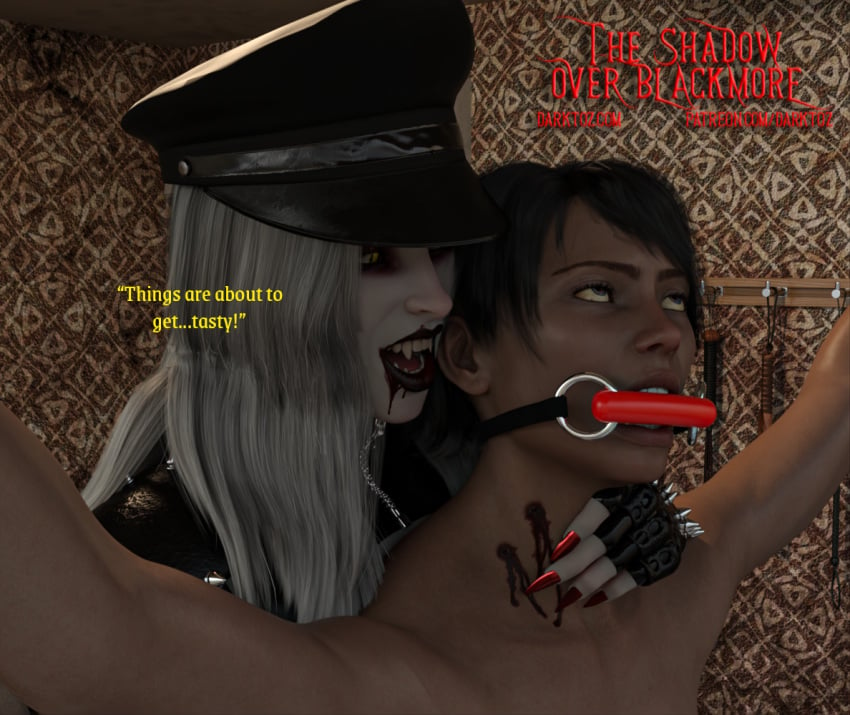 3d bellatrix_(tsob) bit_gag bite bite_gag bite_mark blood bondage darktoz dominant_female domination dominatrix female female_domination femboy femdom fetish fingerless_gloves gag gore hat hugging_from_behind human human_only latex leather_hat light-skinned_female light-skinned_male light_skin male malesub mc_(tsob) pale-skinned_female pale_skin restrained spikes straight submissive submissive_male taller_girl text the_shadow_over_blackmore vampire vampirism