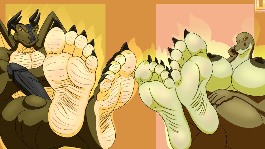 5_toes anthro big_breasts big_feet big_nipples big_penis breasts curvy_figure dragon duo feet female foot_fetish foot_focus genitals green_body green_scales hi_res hudson_(zp92) humanoid_feet lu123 male male/female margret_stalizburg mature_female muscular muscular_male nipples penis reptile scales scalie snake soles toes voluptuous