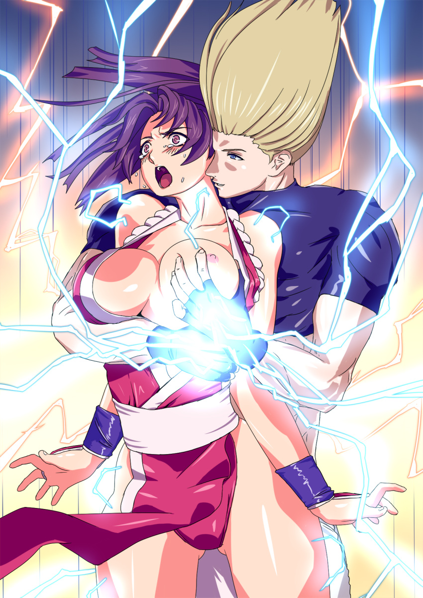 1boy benimaru_nikaido blonde_hair blush breast_grab breasts brown_hair electric electric_shock electricity electricity_manipulation electro electrostimulation erect_nipples fatal_fury female grabbing grin highres king_of_fighters large_breasts long_hair mai_shiranui ninja nipples open_mouth panties red_panties ryona shock shocked shocking smile snk sparks tagme tears thighs torn_clothes underwear